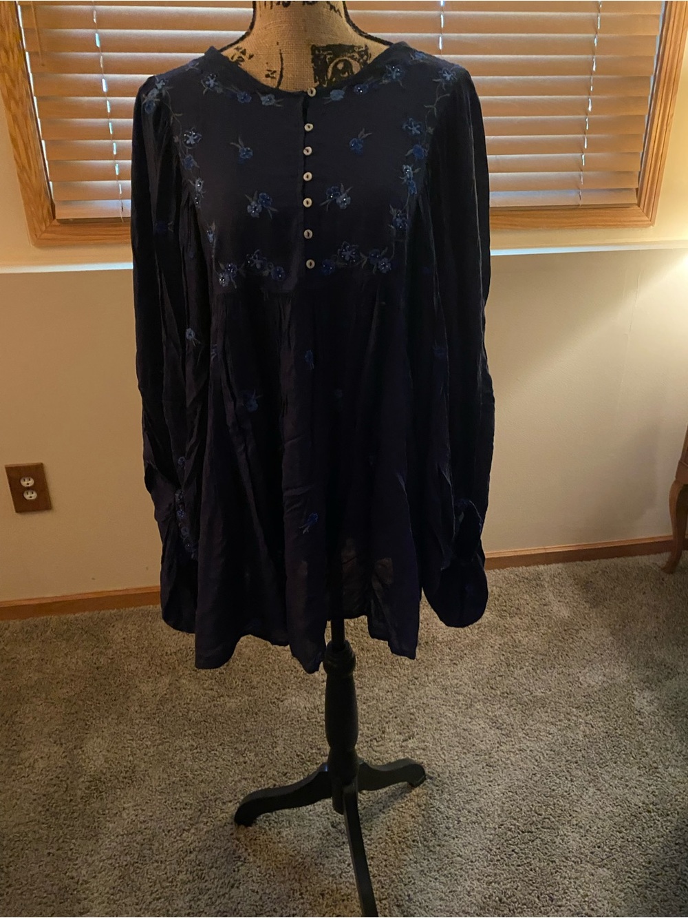 Free People Navy Blue Embroidered Peasant Blouse